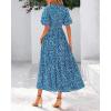 imageBTFBM Women Summer Floral Midi Dresses Casual Boho Puff Short Sleeve V Neck Button Belt Flowy Maxi Beach Vacation DressPrint Aqua Green Blue