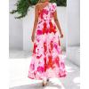 imageBTFBM Women Summer One Shoulder Floral Wedding Guest Dresses Sleeveless Smocked Ruffle Flowy Beach Vacation Maxi DressBig Floral Red White