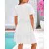 imageBTFBM Womens Casual Dresses 2025 Summer Spring V Neck Short Sleeve Sundress Smocked Waist A Line Tiered Mini DressWhite