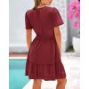 imageBTFBM Womens Casual Dresses 2025 Summer Spring V Neck Short Sleeve Sundress Smocked Waist A Line Tiered Mini DressWine Red