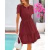 imageBTFBM Womens Casual Dresses 2025 Summer Spring V Neck Short Sleeve Sundress Smocked Waist A Line Tiered Mini DressWine Red