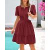 imageBTFBM Womens Casual Dresses 2025 Summer Spring V Neck Short Sleeve Sundress Smocked Waist A Line Tiered Mini DressWine Red