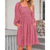 imageBTFBM Womens Long Sleeve Dress Vacation Square Neck Smocked Floral Swiss Dot Mini Boho Fall Wedding Guest Dresses 2025Bean Paste Red
