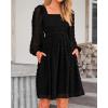 imageBTFBM Womens Long Sleeve Dress Vacation Square Neck Smocked Floral Swiss Dot Mini Boho Fall Wedding Guest Dresses 2025Black