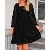 imageBTFBM Womens Long Sleeve Dress Vacation Square Neck Smocked Floral Swiss Dot Mini Boho Fall Wedding Guest Dresses 2025Black