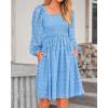 imageBTFBM Womens Long Sleeve Dress Vacation Square Neck Smocked Floral Swiss Dot Mini Boho Fall Wedding Guest Dresses 2025Blue