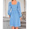 imageBTFBM Womens Long Sleeve Dress Vacation Square Neck Smocked Floral Swiss Dot Mini Boho Fall Wedding Guest Dresses 2025Blue