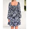 imageBTFBM Womens Long Sleeve Dress Vacation Square Neck Smocked Floral Swiss Dot Mini Boho Fall Wedding Guest Dresses 2025Floral Black White