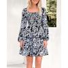 imageBTFBM Womens Long Sleeve Dress Vacation Square Neck Smocked Floral Swiss Dot Mini Boho Fall Wedding Guest Dresses 2025Floral Black White