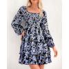 imageBTFBM Womens Long Sleeve Dress Vacation Square Neck Smocked Floral Swiss Dot Mini Boho Fall Wedding Guest Dresses 2025Floral Black White