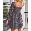 imageBTFBM Womens Long Sleeve Dress Vacation Square Neck Smocked Floral Swiss Dot Mini Boho Fall Wedding Guest Dresses 2025Floral Blue Orange