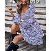 imageBTFBM Womens Long Sleeve Dress Vacation Square Neck Smocked Floral Swiss Dot Mini Boho Fall Wedding Guest Dresses 2025Floral Blue Pink