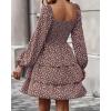 imageBTFBM Womens Long Sleeve Dress Vacation Square Neck Smocked Floral Swiss Dot Mini Boho Fall Wedding Guest Dresses 2025Floral Brown