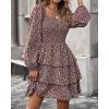 imageBTFBM Womens Long Sleeve Dress Vacation Square Neck Smocked Floral Swiss Dot Mini Boho Fall Wedding Guest Dresses 2025Floral Brown