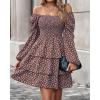 imageBTFBM Womens Long Sleeve Dress Vacation Square Neck Smocked Floral Swiss Dot Mini Boho Fall Wedding Guest Dresses 2025Floral Brown