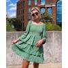 imageBTFBM Womens Long Sleeve Dress Vacation Square Neck Smocked Floral Swiss Dot Mini Boho Fall Wedding Guest Dresses 2025Floral Green Blue