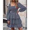imageBTFBM Womens Long Sleeve Dress Vacation Square Neck Smocked Floral Swiss Dot Mini Boho Fall Wedding Guest Dresses 2025Floral Navy