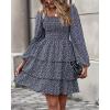 imageBTFBM Womens Long Sleeve Dress Vacation Square Neck Smocked Floral Swiss Dot Mini Boho Fall Wedding Guest Dresses 2025Floral Navy