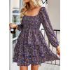 imageBTFBM Womens Long Sleeve Dress Vacation Square Neck Smocked Floral Swiss Dot Mini Boho Fall Wedding Guest Dresses 2025Floral Purple Red