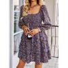 imageBTFBM Womens Long Sleeve Dress Vacation Square Neck Smocked Floral Swiss Dot Mini Boho Fall Wedding Guest Dresses 2025Floral Purple Red