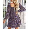 imageBTFBM Womens Long Sleeve Dress Vacation Square Neck Smocked Floral Swiss Dot Mini Boho Fall Wedding Guest Dresses 2025Floral Purple Red