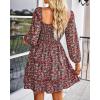 imageBTFBM Womens Long Sleeve Dress Vacation Square Neck Smocked Floral Swiss Dot Mini Boho Fall Wedding Guest Dresses 2025Floral Red Pink