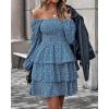 imageBTFBM Womens Long Sleeve Dress Vacation Square Neck Smocked Floral Swiss Dot Mini Boho Fall Wedding Guest Dresses 2025Floral Royal Blue