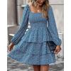 imageBTFBM Womens Long Sleeve Dress Vacation Square Neck Smocked Floral Swiss Dot Mini Boho Fall Wedding Guest Dresses 2025Floral Royal Blue