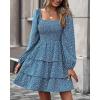 imageBTFBM Womens Long Sleeve Dress Vacation Square Neck Smocked Floral Swiss Dot Mini Boho Fall Wedding Guest Dresses 2025Floral Royal Blue