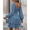 imageBTFBM Womens Long Sleeve Dress Vacation Square Neck Smocked Floral Swiss Dot Mini Boho Fall Wedding Guest Dresses 2025Floral Royal Blue
