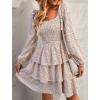 imageBTFBM Womens Long Sleeve Dress Vacation Square Neck Smocked Floral Swiss Dot Mini Boho Fall Wedding Guest Dresses 2025Floral White Red