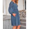 imageBTFBM Womens Long Sleeve Dress Vacation Square Neck Smocked Floral Swiss Dot Mini Boho Fall Wedding Guest Dresses 2025Grey Blue