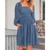 imageBTFBM Womens Long Sleeve Dress Vacation Square Neck Smocked Floral Swiss Dot Mini Boho Fall Wedding Guest Dresses 2025Grey Blue