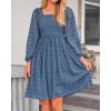 imageBTFBM Womens Long Sleeve Dress Vacation Square Neck Smocked Floral Swiss Dot Mini Boho Fall Wedding Guest Dresses 2025Grey Blue