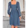 imageBTFBM Womens Long Sleeve Dress Vacation Square Neck Smocked Floral Swiss Dot Mini Boho Fall Wedding Guest Dresses 2025Grey Blue