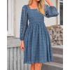 imageBTFBM Womens Long Sleeve Dress Vacation Square Neck Smocked Floral Swiss Dot Mini Boho Fall Wedding Guest Dresses 2025Grey Blue