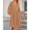 imageBTFBM Womens Long Sleeve Dress Vacation Square Neck Smocked Floral Swiss Dot Mini Boho Fall Wedding Guest Dresses 2025Khaki