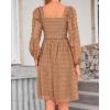 imageBTFBM Womens Long Sleeve Dress Vacation Square Neck Smocked Floral Swiss Dot Mini Boho Fall Wedding Guest Dresses 2025Khaki