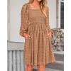 imageBTFBM Womens Long Sleeve Dress Vacation Square Neck Smocked Floral Swiss Dot Mini Boho Fall Wedding Guest Dresses 2025Khaki