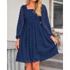 imageBTFBM Womens Long Sleeve Dress Vacation Square Neck Smocked Floral Swiss Dot Mini Boho Fall Wedding Guest Dresses 2025Navy