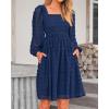 imageBTFBM Womens Long Sleeve Dress Vacation Square Neck Smocked Floral Swiss Dot Mini Boho Fall Wedding Guest Dresses 2025Navy