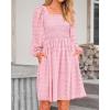 imageBTFBM Womens Long Sleeve Dress Vacation Square Neck Smocked Floral Swiss Dot Mini Boho Fall Wedding Guest Dresses 2025Pink