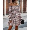 imageBTFBM Womens Long Sleeve Dress Vacation Square Neck Smocked Floral Swiss Dot Mini Boho Fall Wedding Guest Dresses 2025Print Flower Brown