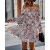 imageBTFBM Womens Long Sleeve Dress Vacation Square Neck Smocked Floral Swiss Dot Mini Boho Fall Wedding Guest Dresses 2025Print Flower Brown