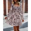imageBTFBM Womens Long Sleeve Dress Vacation Square Neck Smocked Floral Swiss Dot Mini Boho Fall Wedding Guest Dresses 2025Print Flower Brown