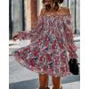 imageBTFBM Womens Long Sleeve Dress Vacation Square Neck Smocked Floral Swiss Dot Mini Boho Fall Wedding Guest Dresses 2025Print Flower Red