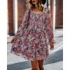 imageBTFBM Womens Long Sleeve Dress Vacation Square Neck Smocked Floral Swiss Dot Mini Boho Fall Wedding Guest Dresses 2025Print Flower Red