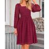imageBTFBM Womens Long Sleeve Dress Vacation Square Neck Smocked Floral Swiss Dot Mini Boho Fall Wedding Guest Dresses 2025Wine Red