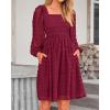 imageBTFBM Womens Long Sleeve Dress Vacation Square Neck Smocked Floral Swiss Dot Mini Boho Fall Wedding Guest Dresses 2025Wine Red