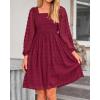 imageBTFBM Womens Long Sleeve Dress Vacation Square Neck Smocked Floral Swiss Dot Mini Boho Fall Wedding Guest Dresses 2025Wine Red